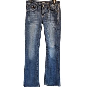 Y2K Zipper Embellished Boot Cut Low Rise Distressed Denim Jeans Pants